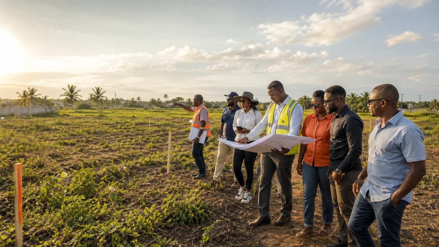 Prospective buyers joining a guided EmDor land inspection in Ghana