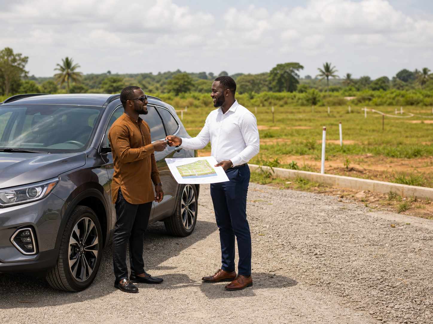 Vehicle and land exchange consultation at a surveyed site